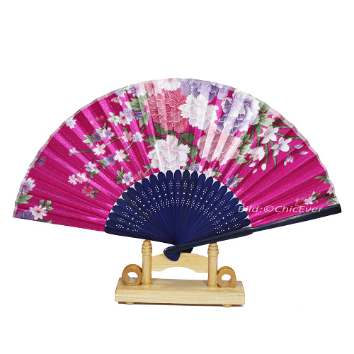 Fächer Handfächer Bambus Seide blau pink Blumen 6942 - zum Schließen ins Bild klicken